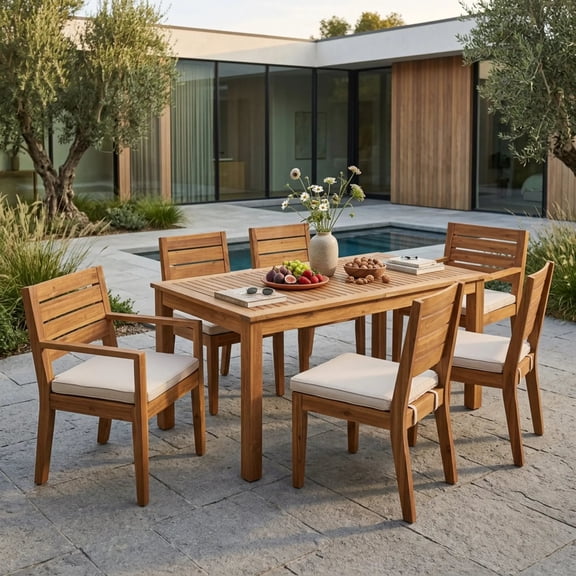 6-Seater Outdoor Acacia Wood Expandable Dining Set with Cushions Beige