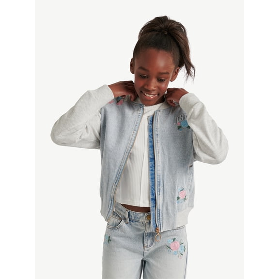 Justice Girls Denim Embroidered Bomber Jacket, Sizes XS - XLP