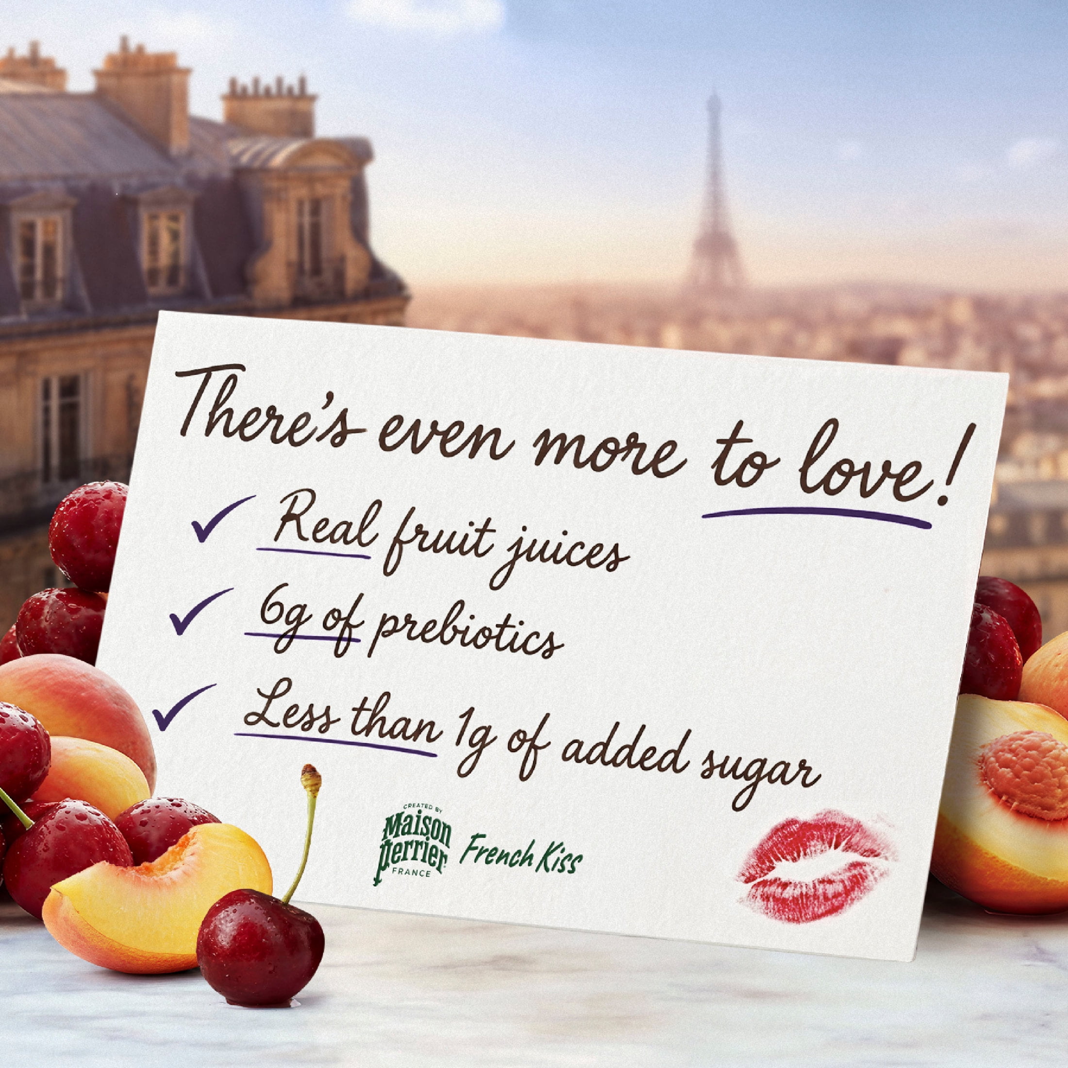 Maison Perrier French Kiss Sweetened Sparkling Water, Peach & Cherry Flavors with Real Fruit Juices, 24PK