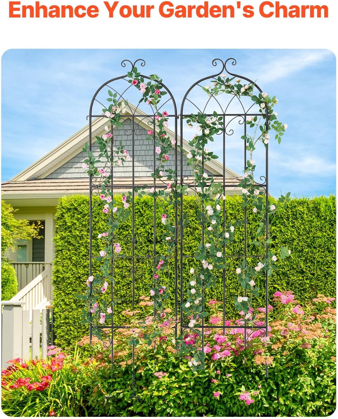 Garden Trellis for Climbing Plants, 87 x 20 in, 2 Packs Rustproof Metal Garden Flower Trellis, Outdoor Climbing Rose Trellis Cucumbers Support, Decorative Clematis Trellis for Courtyards Lawns
