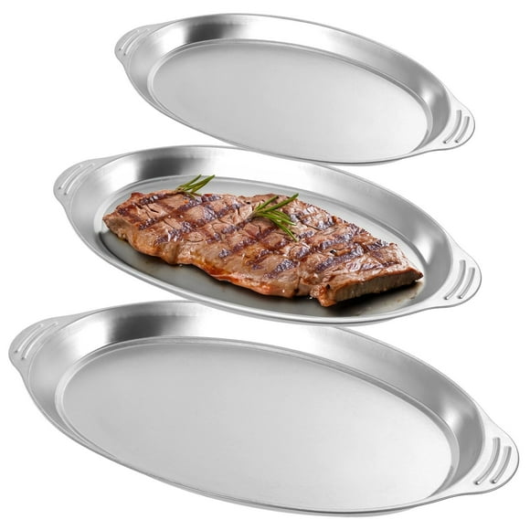 3 PCS Oval Stainless Steel Serving Platters, Food-Safe Metal Serving Tray with Handles, Large Sizzling Platter, Handled Waiter's Tray, Matte Brushed Stainless Steel Food Tray for Dinners