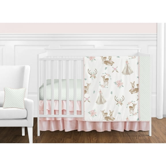 Sweet Jojo Designs Deer Floral Pink Taupe and Green 11 Piece Crib Bedding Set