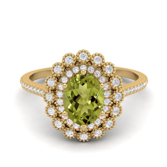 8X6mm Oval Peridot 925 Sterling Silver Gold Vermeil Solitaire Halo Floral Engagement Women Mother's Day Gift Ring