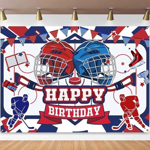 7x5FT Ice Hockey Happy Birthday Backdrop Red Blue Sport Rink Hockey Theme Photography Background Ice Hockey Birthday Party Decorations Banner Photo Booth Props