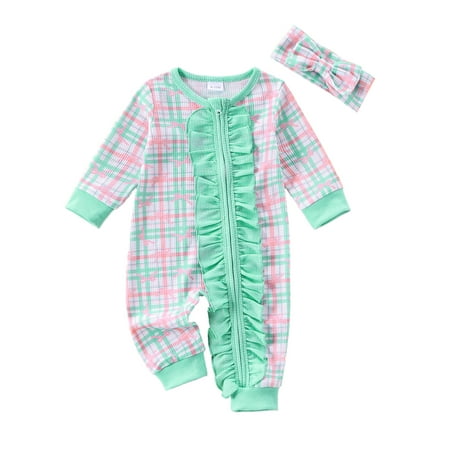

Woshilaocai Baby Girl Bodysuits Plaid/Bow Print Ruffled Zip Up Romper Headband