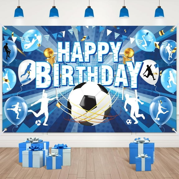 Tiruiarec Soccer Birthday Party Decorations for Boys Men, Blue Soccer Happy Birthday Banner Large Sport Football Birthday Backdrop Background Photo Booth Props