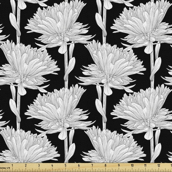 Floral Fabric by the Yard Upholstery, Monochrome Illustration of Aster Flowers Drawn by Hand, Decorative Fabric for DIY and Home Accents, Charcoal Grey Pale Grey by Ambesonne
