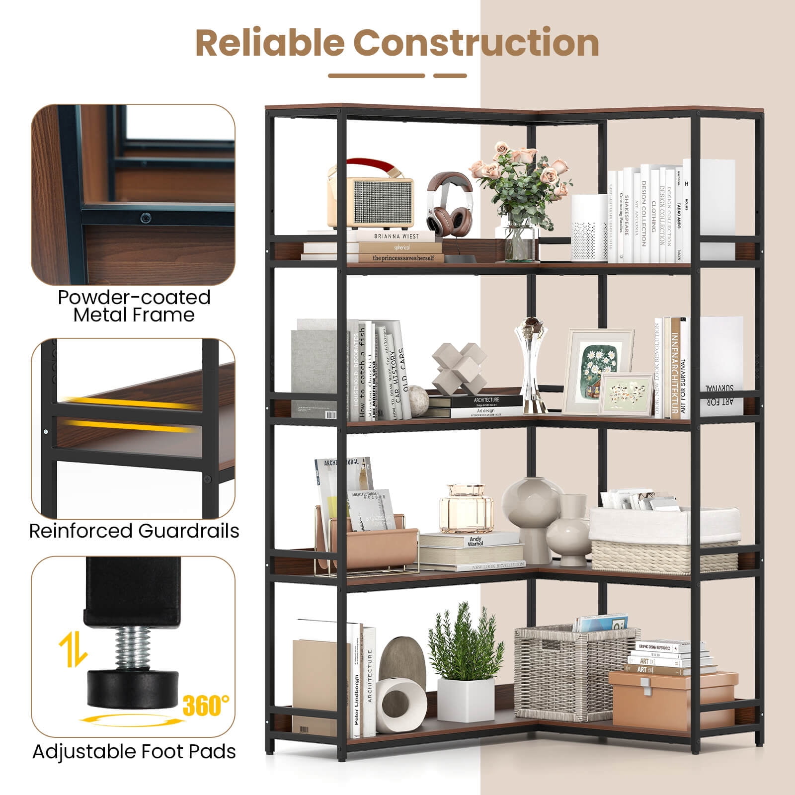 Costway Corner Bookshelf 5-Tier L-Shaped Bookcase 71" Tall Etagere Bookshelf Walnut