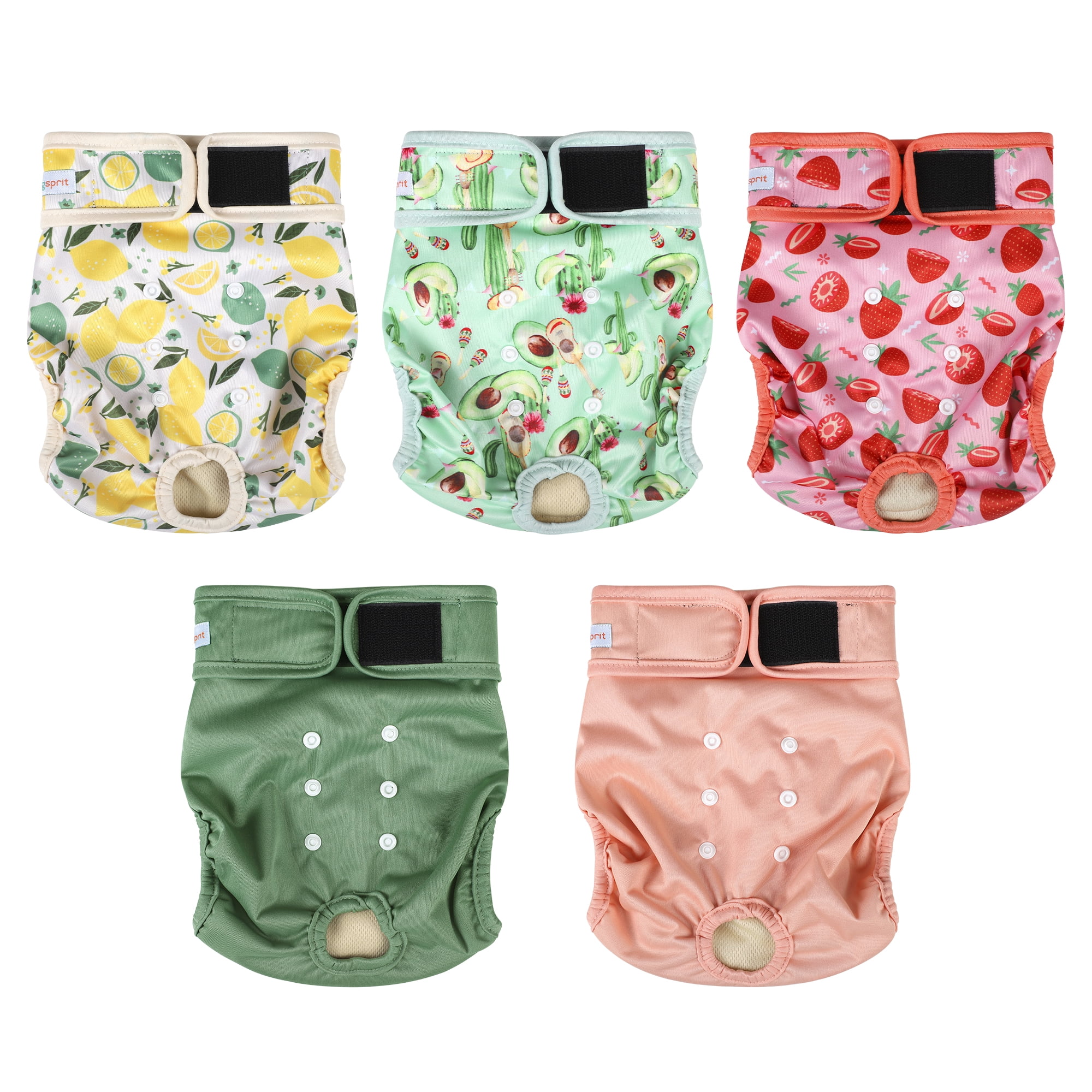 Langsprit Washable Female Dog Diapers (5 Pack) - No Leak Reusable Diapers for Doggy Female in Period - Highly Absorbent Dog Heat Panties with Adjustable Snaps,Fruit,M