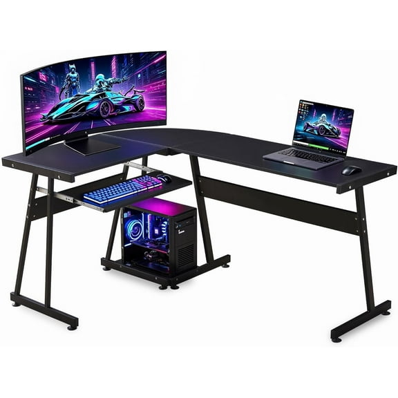 ivinta L-Shaped Gaming Desk with Keyboard Tray and CPU Stand, 58" Reversible Corner Computer Desk for Living Room, Bedroom, Home Office, 7112 (Black)