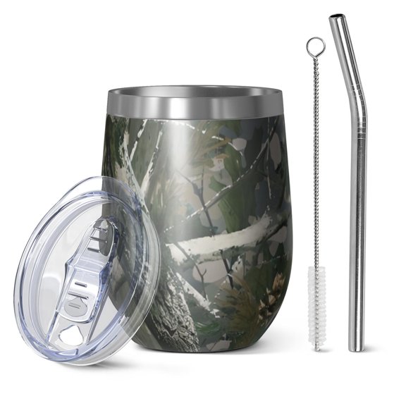 12oz Stemless Wine Tumblers Snow Camo Tree Trunks Pattern Vacuum Insulated Stainless Steel Travel Tumbler Cups Mug with Lid and Straw for Champaign,Cocktail,Beer with Cleaning Brush