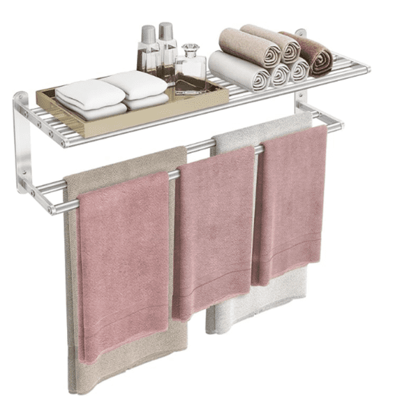 32 in Towel Racks for Bathroom, Bath Towel Shelf with Double Towel Bar, Stainless Steel Towel Storage for Lavatory Wall Mounted, 2-Tier Towel Hanger Towel Holder, Brushed Nickel