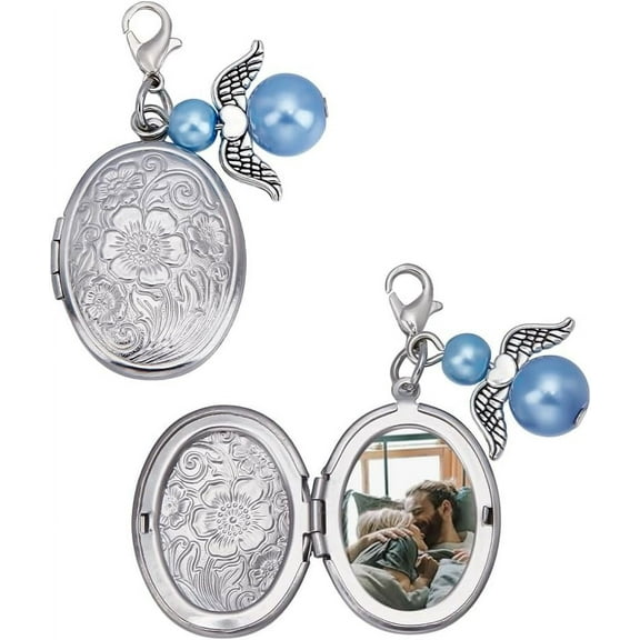2Pcs Wedding Bouquet Photo Charm 48mm Oval Locket Photo Charms Alloy Wedding Pendant Decorations Stainless Steel Silver for Wedding Party Silver