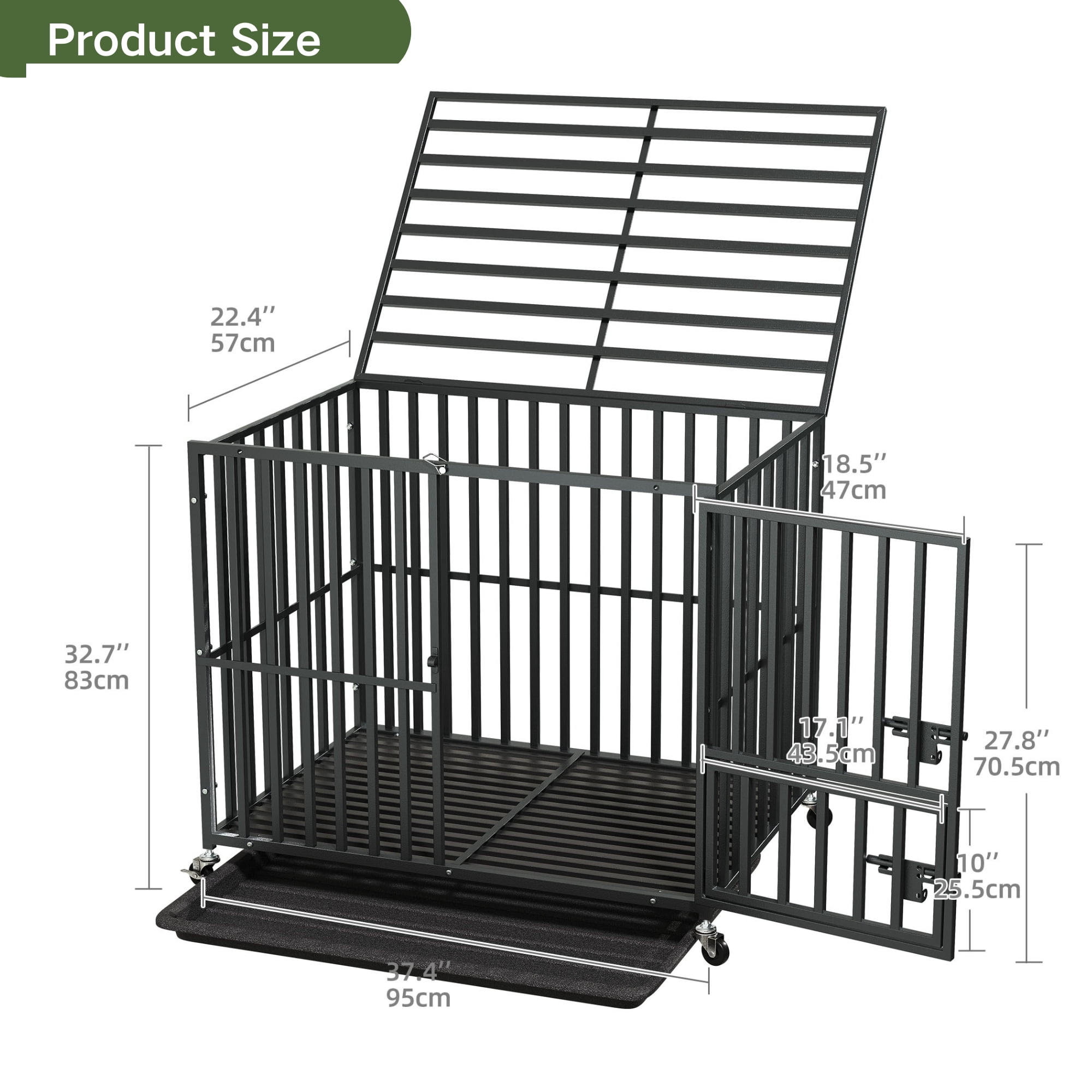 Uforic 37-Inch Heavy Duty Dog Crate with Lockable Wheels, Escape Proof Dog Cage Kennel with Removable Tray - Black