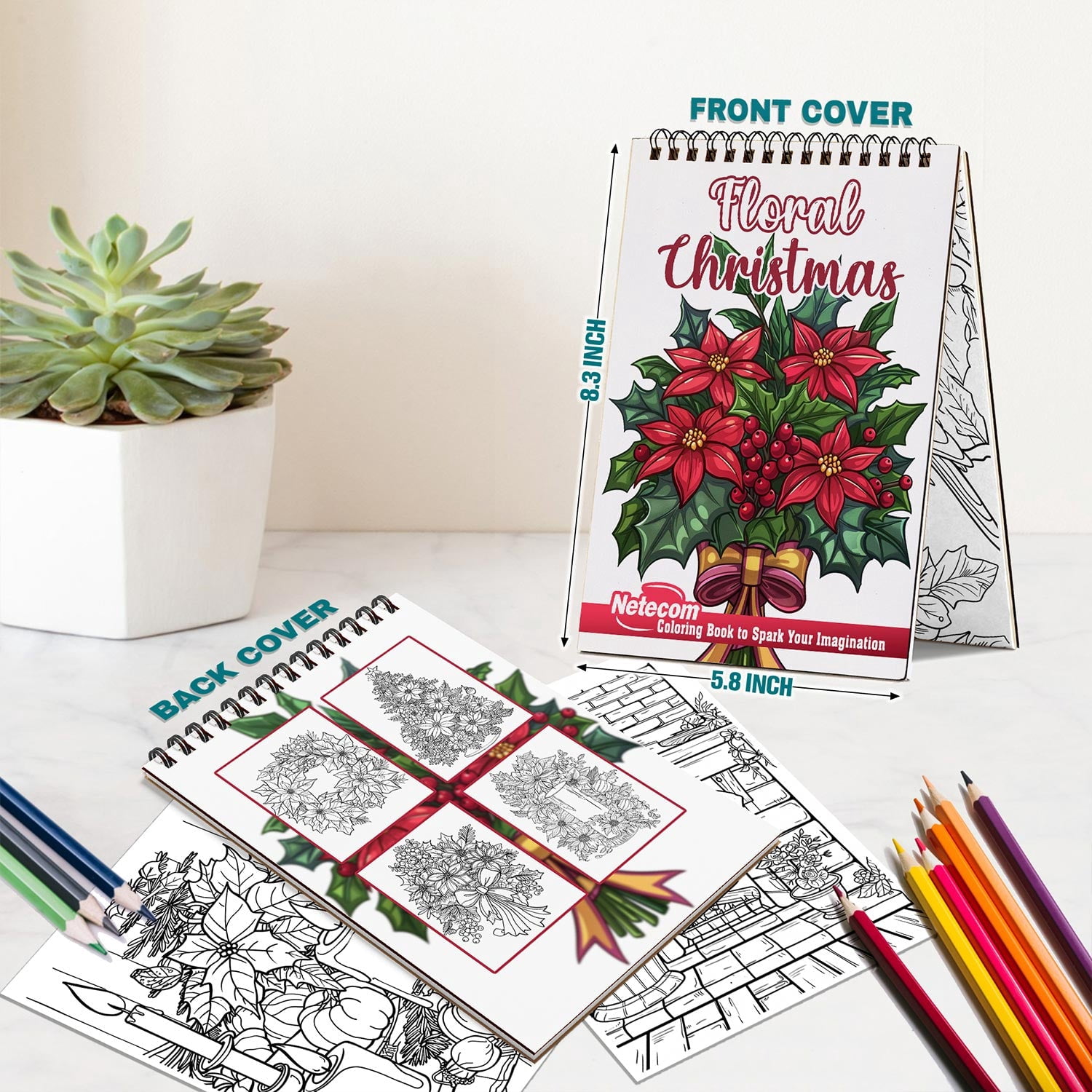 Netecom Floral Christmas Coloring Book Spiral Bound for Adults, A5 Wooden Cover, 30 Beautiful Coloring Pages of Xmas Flowers for Stress Relief and Relaxation