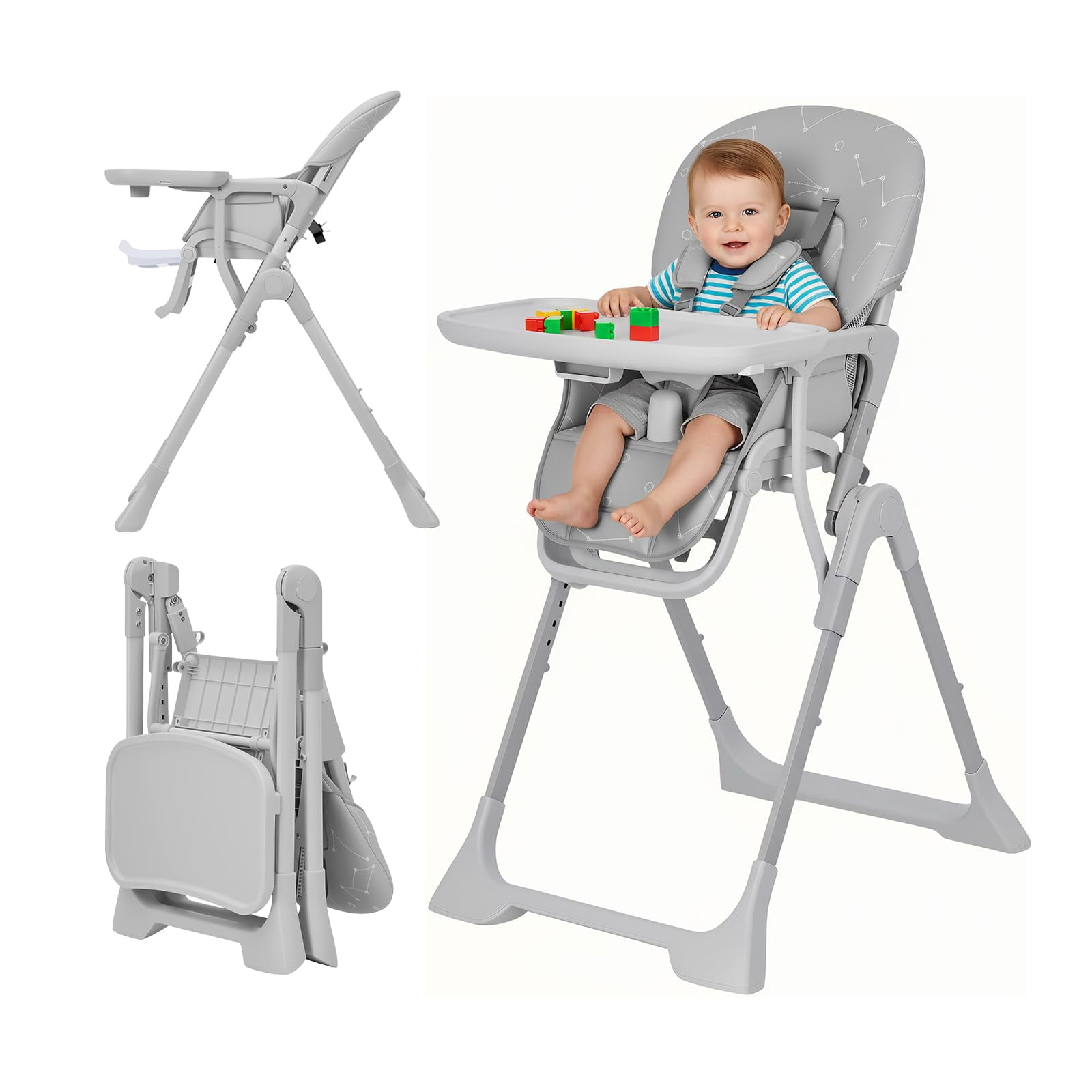 Collapsible Baby High Chair for Feeding – Adjustable Height, Backrest & Footrest, Removable Tray, Compact Fast Folding, Safe for Babies & Toddlers, Easy Clean