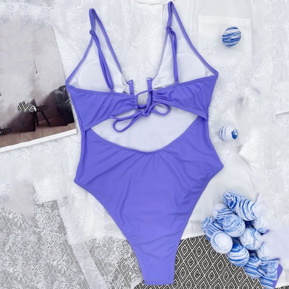 Vedolay High Cut One Piece Swimsuit Women's V Neck One Piece Tummy Control Swimsuit Cheeky Tie Side High Cut Bathing Suit Ribbed Swimwear,Purple L