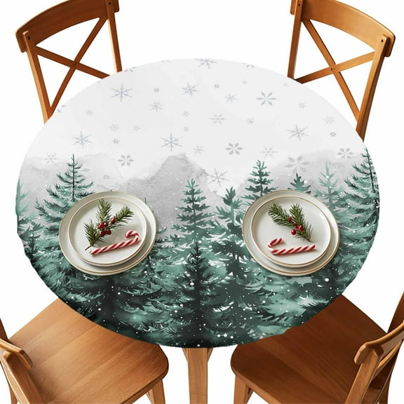 Round Tablecloth Winter Pine Tree Elastic Edge Fitted Christmas Snowy Forest Plastic Table Cover,Waterproof Oil Proof for Dinner,Outdoor, Picnic, 36" - 44" DIA Tables