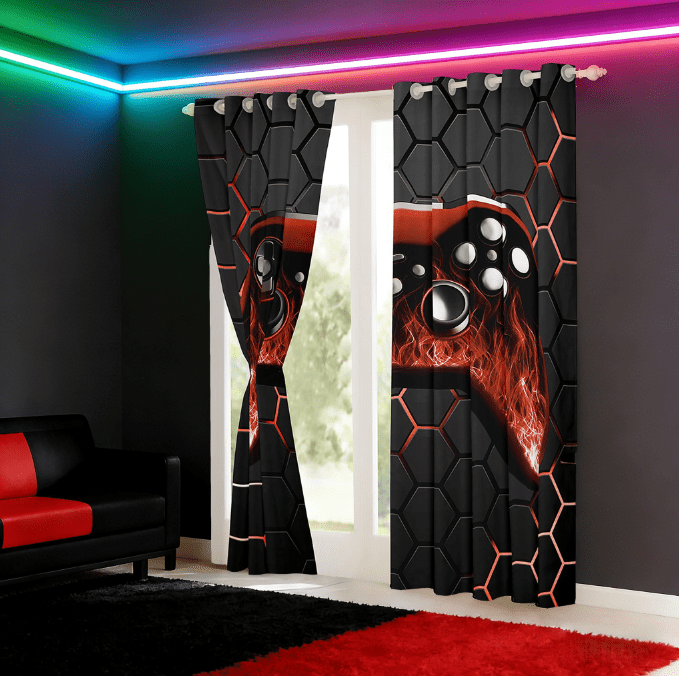 Manfei Gamer Gaming Curtains for Living Room,Vindoe Game Blackout Curtains Set of 2 (38x45),Orange Black Hexagon Curtains and Drapes (38x45) For Kid Boy,Lightweight Room Decorative
