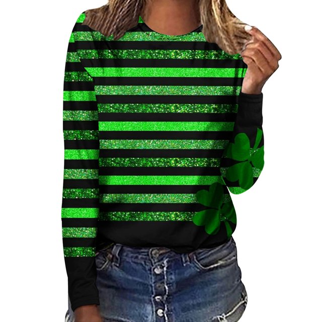 Pompotops T-shirts Décontractés à Manches Longues pour Femmes Imprimé St. Patrick Col Rond Pull Tops Liquidation