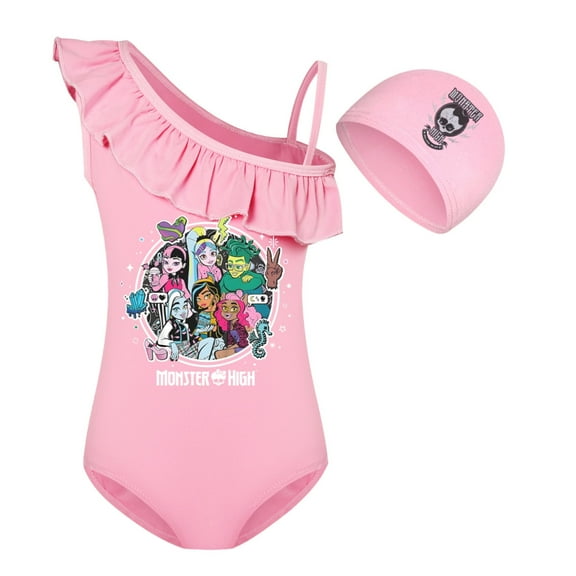 Monster High girls' one-piece swimsuit with milk silk suspender, one-piece bikini and swim cap, suitable for children aged 4-12