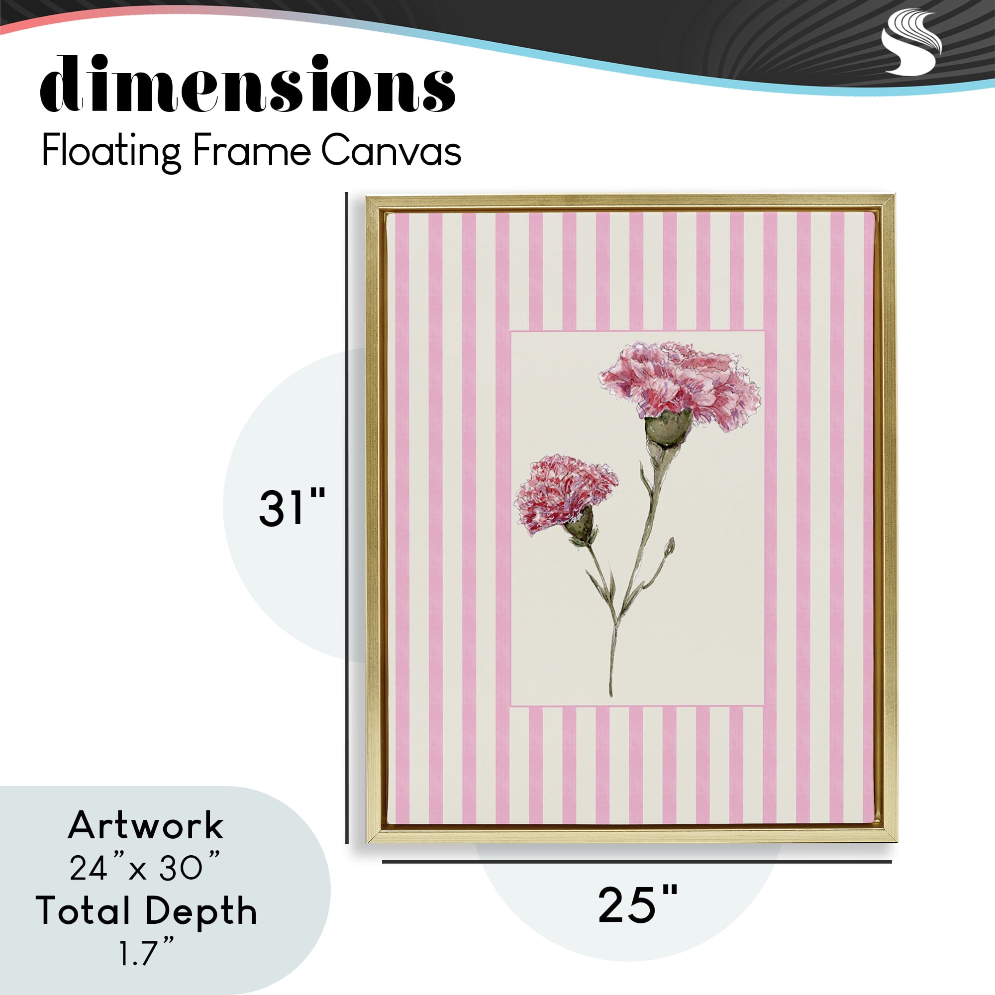 Pink Stripe Carnation Gold Framed Floater Canvas Wall Art, design by Lisa Wehmeyer