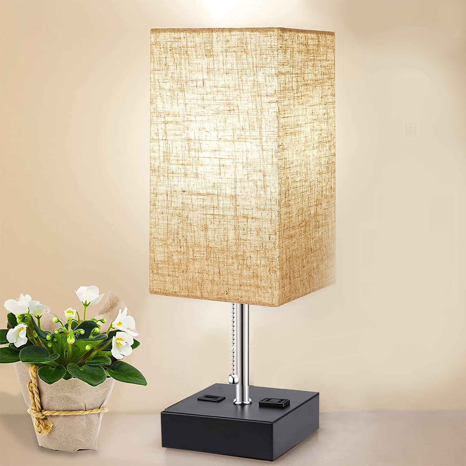 3Color Temperature Modern Table Lamp with USB Port and AC Outlet Bedside Lamps for Bedroom