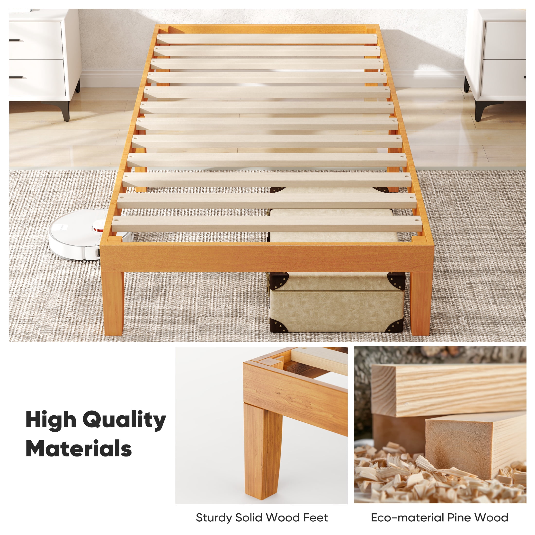 EDX Twin Size Wood Bed Frame,  No Spring Needed, 12in Wooden Platform Bed Frame Mattress Foundation with Support Slats,  Natural Pine