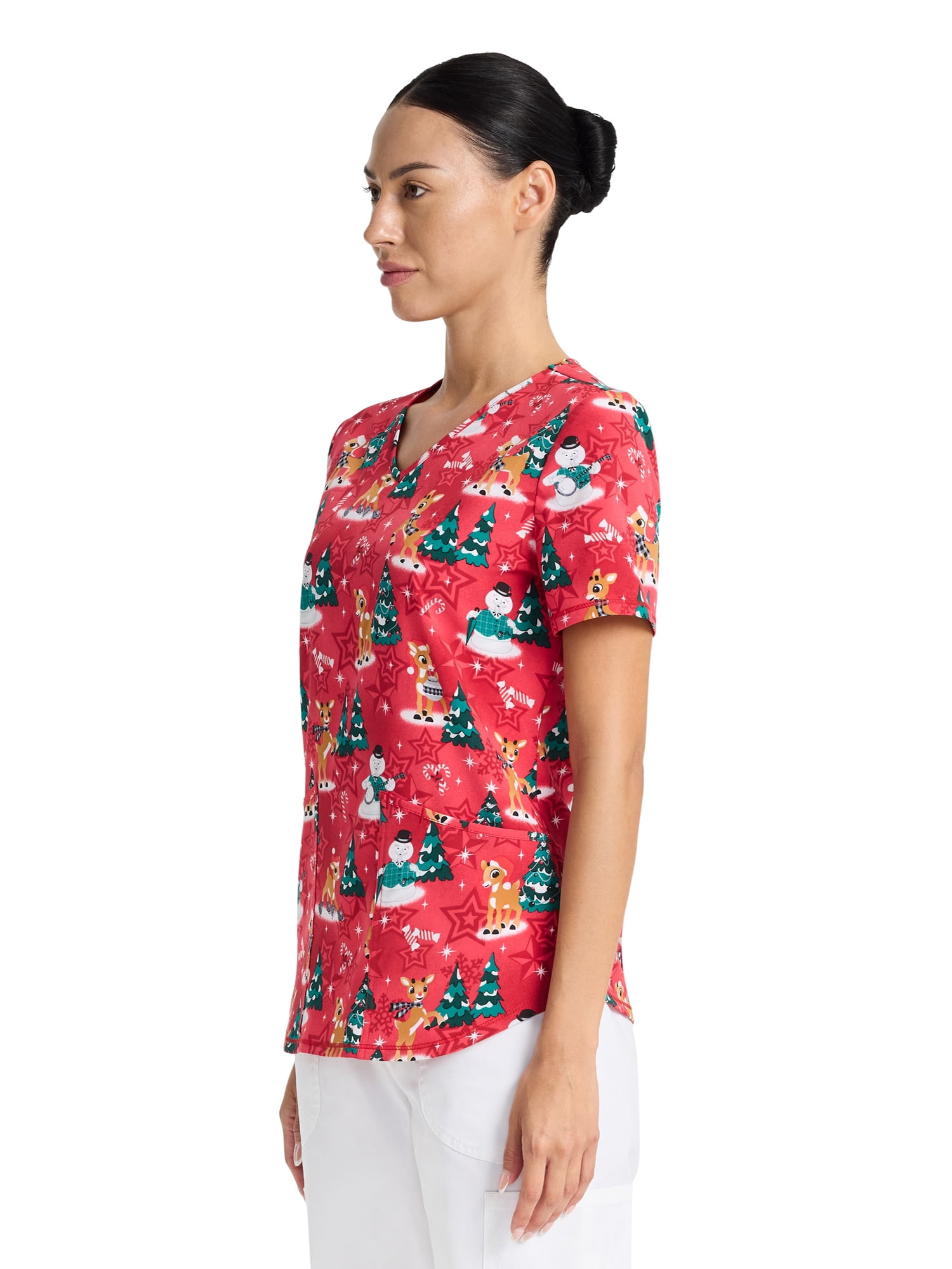 Rudolph Warm And Cozy Women's V-Neck Print Scrub Top, Sizes XS-3XL