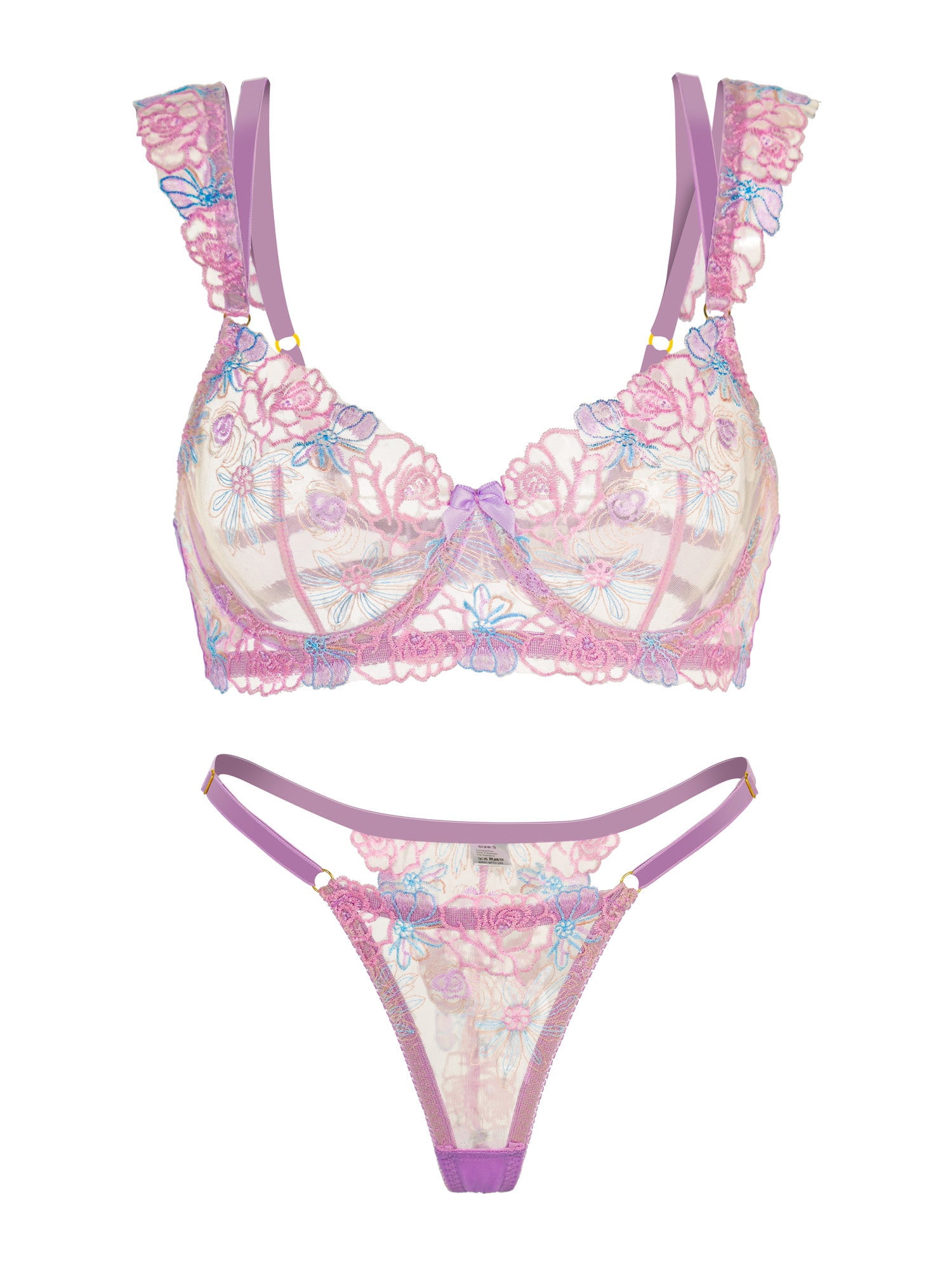Purple Butterfly Bow Embroidered Flower Lingerie Set (PURPLE, 3XL+)