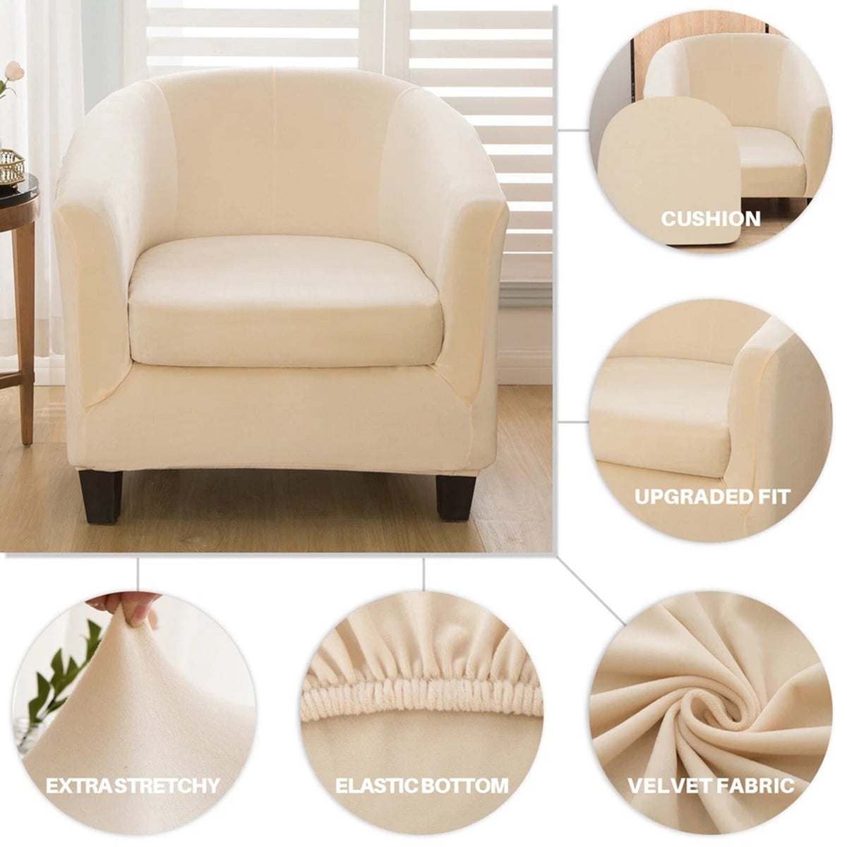 Eurhowing Stretchable Tub Chair Slipcover, 2-Piece Velvet Soft Armchair Cover with Cushion Cover, Elastic Fit Club Chair Sofa Couch Slipcover, 1-Pack, Beige