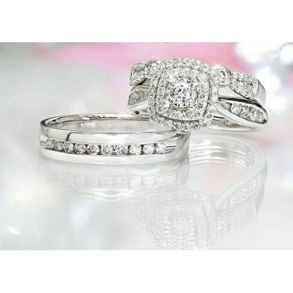 Silver Shop Round Cut Cubic Zirconia 14L White Gold Finish His Her Wedding Trio Set Bridal Ring