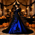 thumbnail image 5 of AoDai Gothic style long-sleeved witch dress with ghost castle print, suitable for Halloween party cosplay (all dress patterns are printed, the dress does not include a petticoat)., 5 of 6