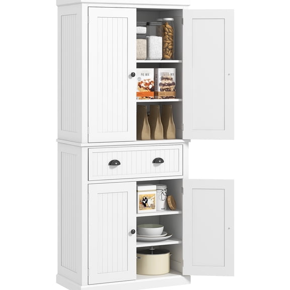 72" Tall Kitchen Pantry, White Storage Cabinet With Drawer & Doors. Offers Ample Space For Silverware, -, Towels, Cookware. Features Adjustable Shelves. Enhances Look In Kitchen, Dining, Bath, Hall.