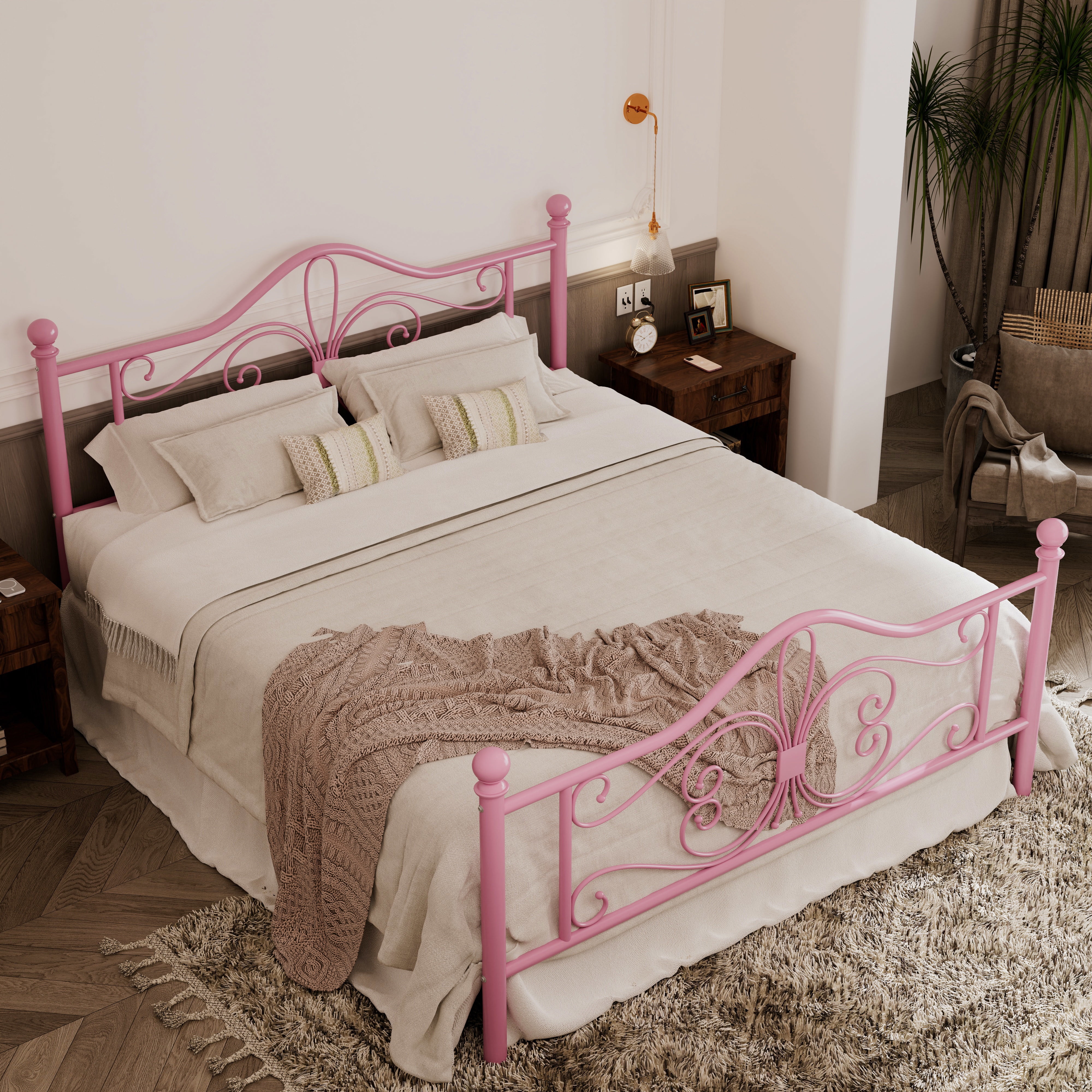 Allewie Full Size Vintage Metal Bed Frame with Butterfly Pattern Design Headboard & Footboard, Pink
