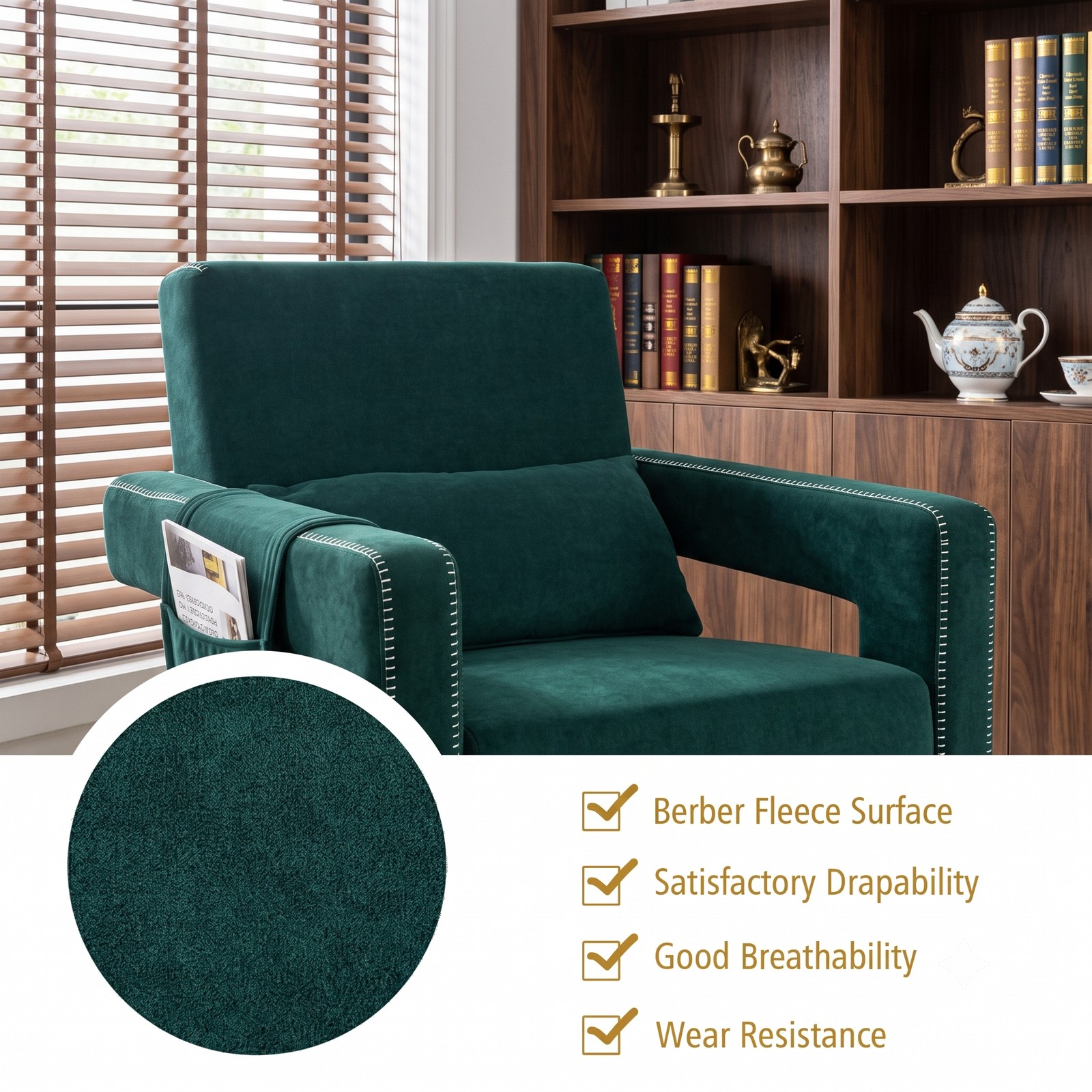 Furnibear Modern Berber Fleece Accent Chair with Ottoman and Waist Pillow, Upholstered Single Sofa Chair with Side Storage Bag for Living Room Bedroom, Green