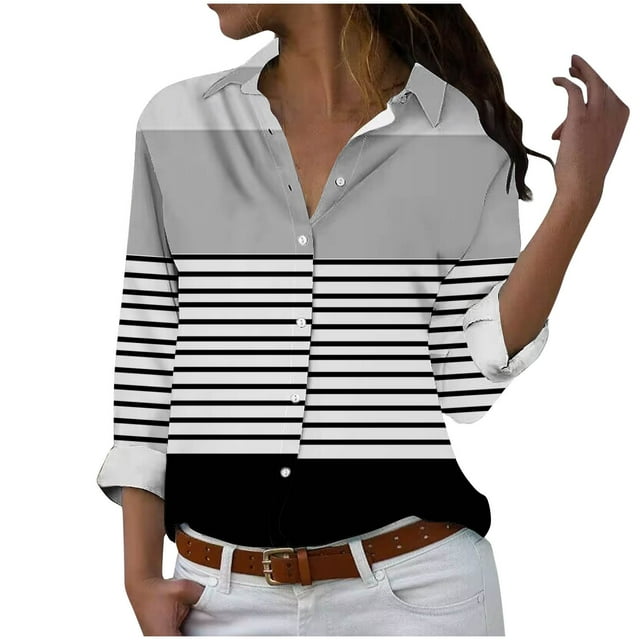 cfhntfmh Women's Button down Shirts Lounge Striped Print Long Sleeve Collared Blouses Fall Loose Work Tops