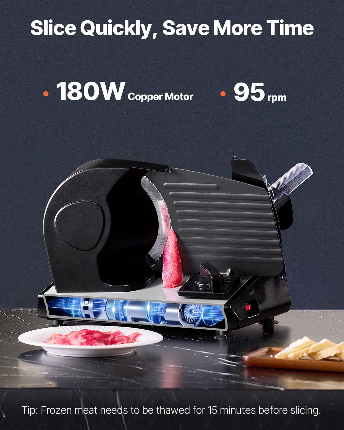 VEVOR Meat Slicer, 7.5 inch Electric Deli Food Slicer, 180W Meat Cutter with two Premium SUS420 Blades, 0-0.6 inch Adjustable Thickness,Food Slicer Machine for Meat,Hard Bread and Cheese,Home Use