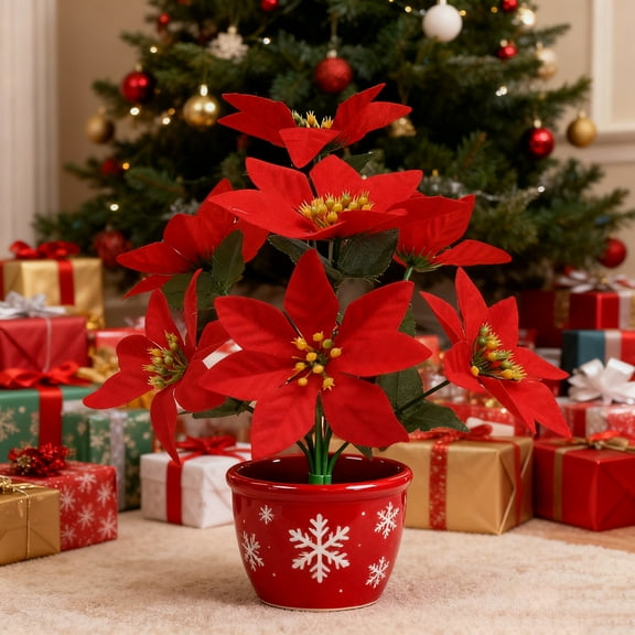 Dserhfy Artificial Christmas Flowers 7 Heads Faux Poinsettias Bouquet for Christmas Table Vase Fillers Planters Porch Outdoor Indoor Decor