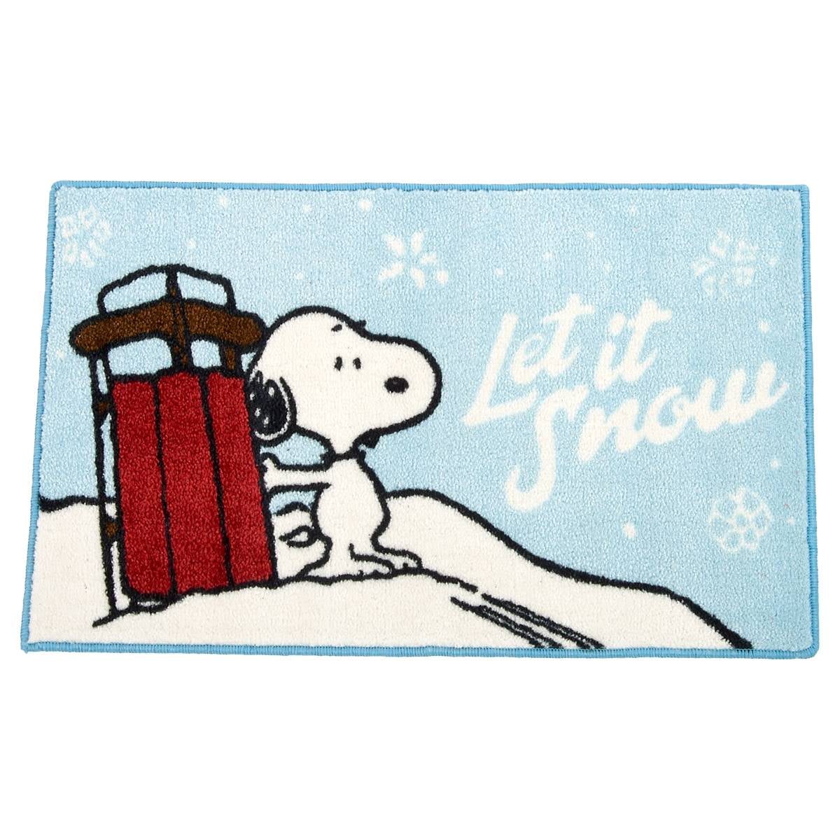 pics Snoopy Thursday Snow nourison peanuts christmas accent area rug with snoopy sledding let it snow mat 17 x 28 inches rectangle polyester pile with anti skid latex