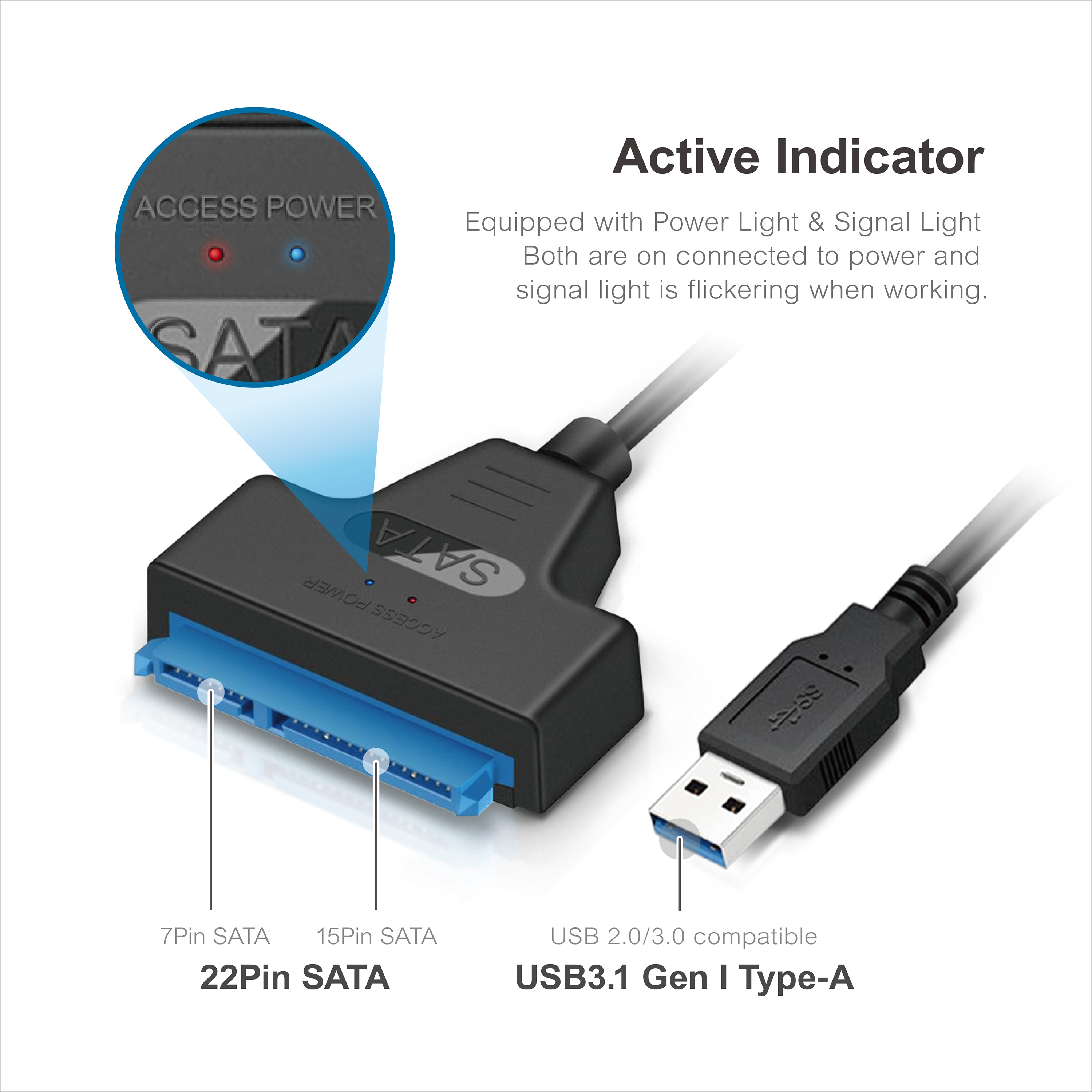 Mediasonic SATA to USB Cable – USB 3.0 / USB 3.1 Gen 1 to 2.5” SATA SSD / Hard Drive Adapter Cable (Optimized for SSD, Support UASP and SATA 3 6.0Gbps transfer rate) (HND5-SU3) - image 4 of 6