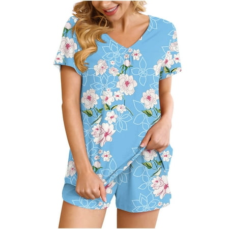 

Freshly Picked For Her POROPL 2PC V Neck Sleeve Two-piece Comfortable Home Pajamas Set Sports Set Shorts for Women Casual Summer Clearance Sky Blue Size 6