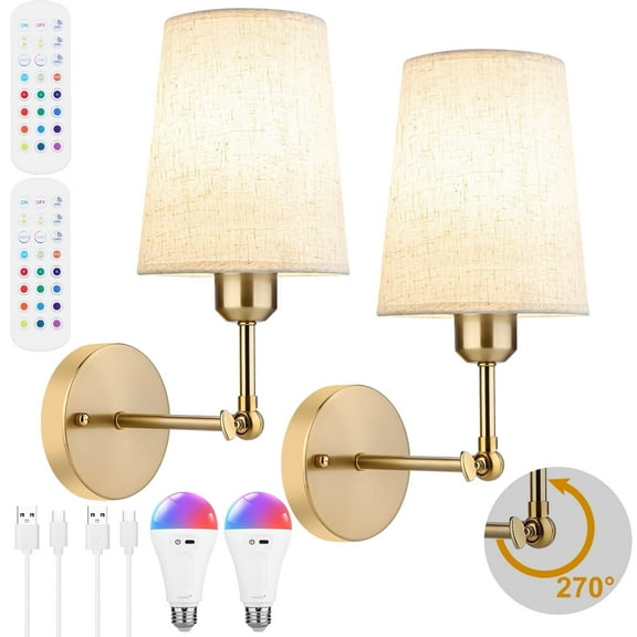 Battery Operated Wall Sconce Set of Two,Modern Gold Rechargeable Wall Lights with 5200mAh RGB Bulb and Remote Control,270°Rotation Dimmable Battery Powered Wireless Wall lamps for Bedroom Living Room