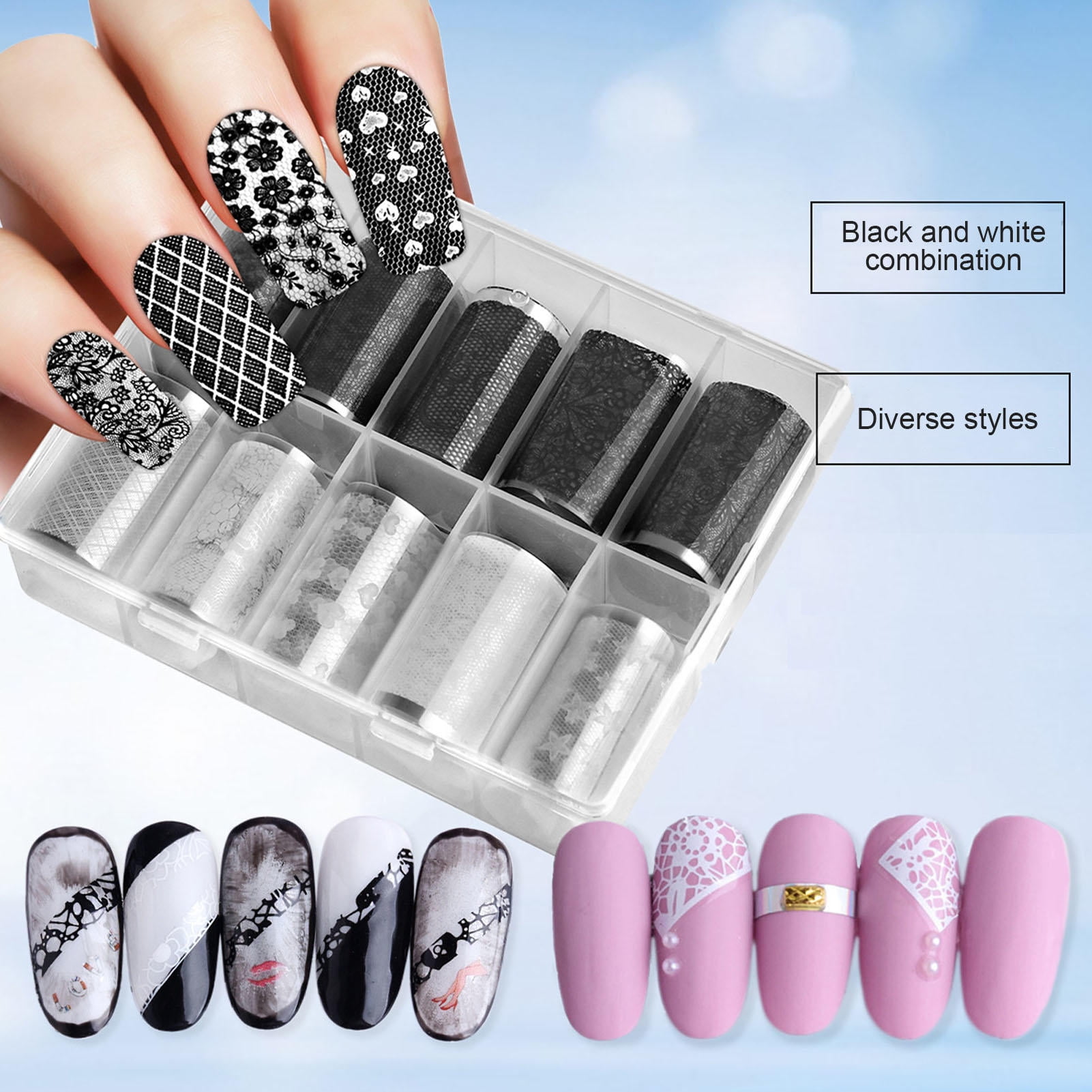 LAZIOEGR 2‑Pack 10‑Grid Nail Foil Transfer Stickers – Black & White Lace, Floral & Star Designs, Easy DIY, Non‑Toxic, Gift‑Ready