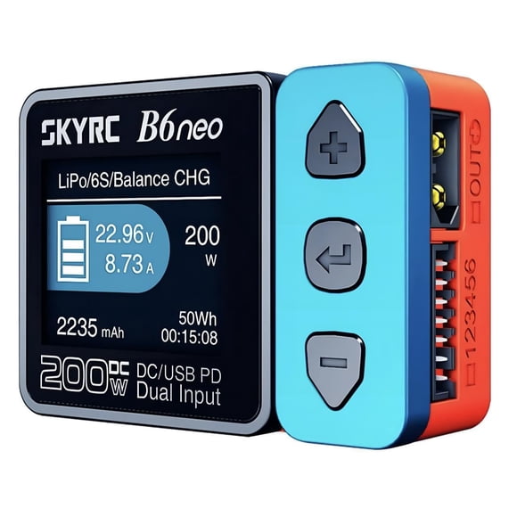 SKYRC B6Neo: Balance Lipo Battery Charger for 1S-6S Lipo/Li-Ion/LiHV, 1-15S NiMH/NiCd - DC 200W, PD 80W, Smart Battery Charger, Discharger and Storage (Blue-Red)
