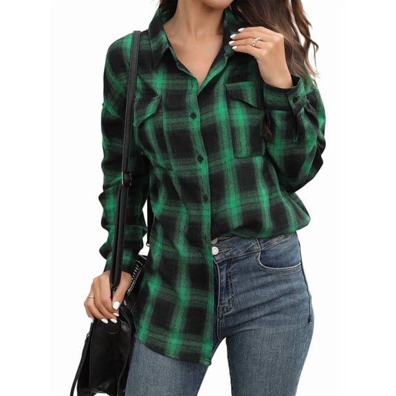 Womens Casual Cuffed Long Sleeve Boyfriend Button Down Plaid Flannel Shirt Tops Green XL
