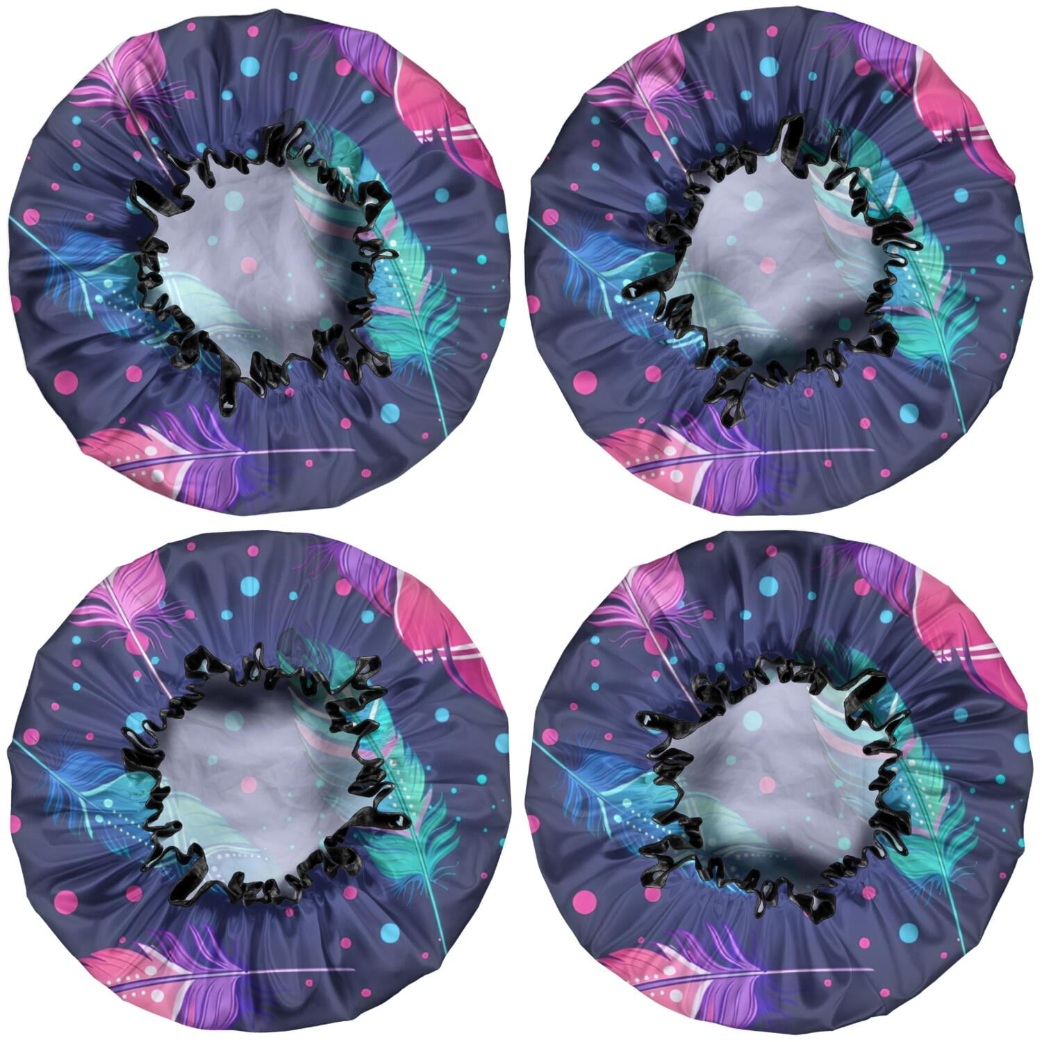 Shower Caps,Neon Feather with Dots Pattern Waterproof Shower Cap for Women 4 Pieces,Double Reusable Hair Cover for Shower PEVA Elastic Stretch Hem