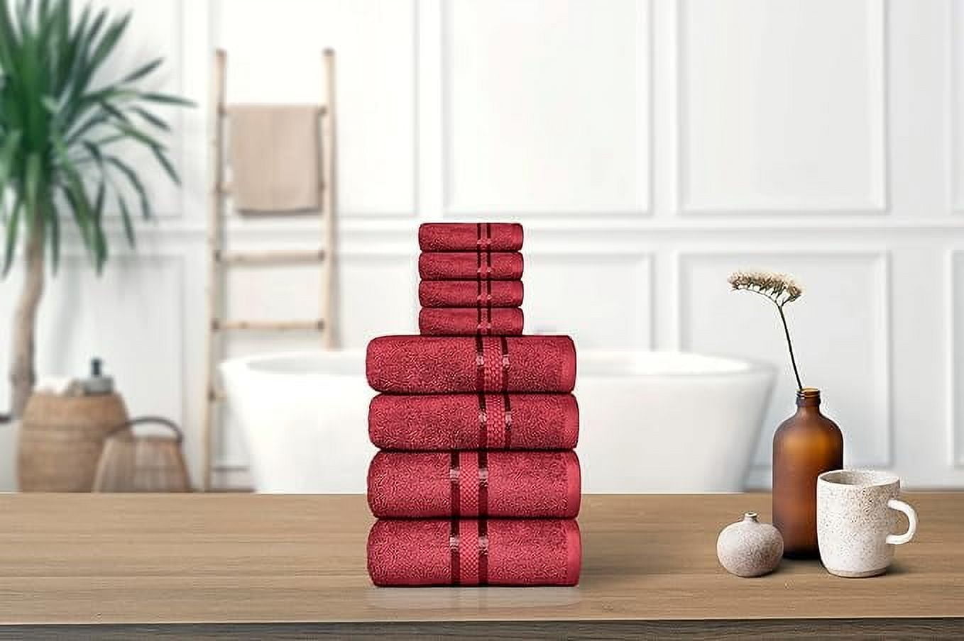 Dewall Maisons Burgundy 18-Piece Plush Cotton Towel Set, Ultra-Absorbent & Soft- Perfect for Modern Bathrooms - Includes 4 Bath Towels, 6 Hand Towels, 8 Washcloths – for Body, Face & Hands