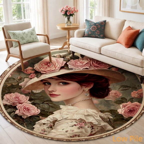 SPXUBZ Classic Vintage Victorian Woman Hat Portrait Round Area Rug, Soft Velvet Circle Carpet Non-Slip Floor Mat for Living Room Bedroom Home Decor