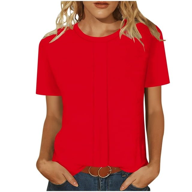 2026 Fashion Tops for Women Essential Short Sleeve Tees Solid Color Casual Outfits Loose Round Neck Clothing Soft Ribbed Texture Tops Versatile Daily Shirts Comfy Spring Pullover